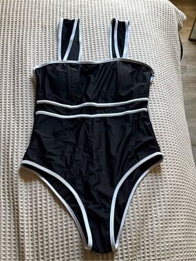 Classic Retro Black One-Piece Swimsuit with White Trim - adult